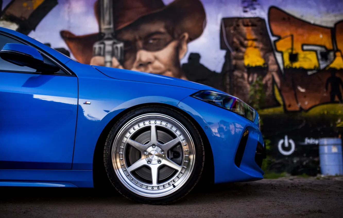 Фото обои BMW, Blue, Graffiti, Side, Wheels, BMW 1 Series, JR Wheels