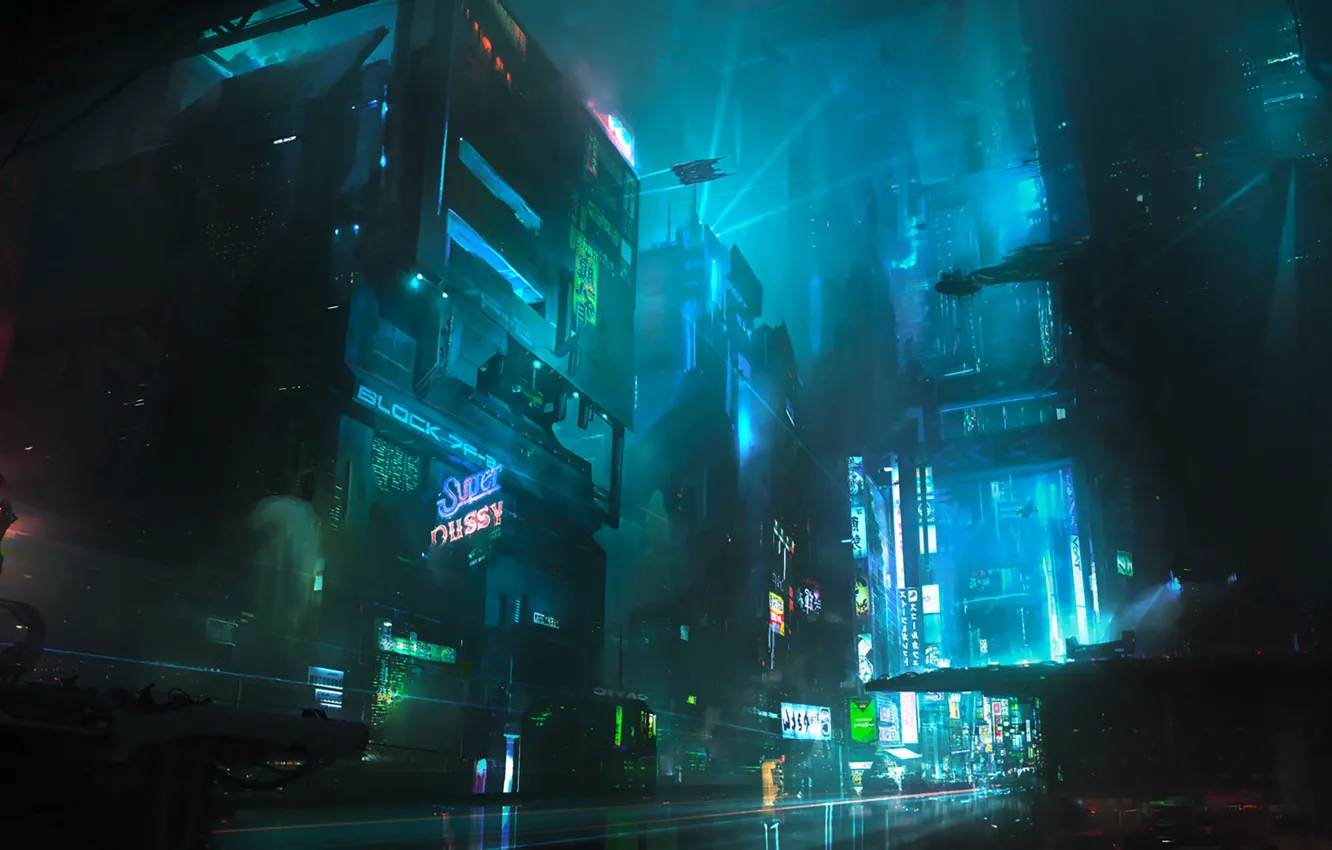 Фото обои Ночь, Город, Будущее, Фантастика, Neon, Киберпанк, Cyberpunk, Неоны