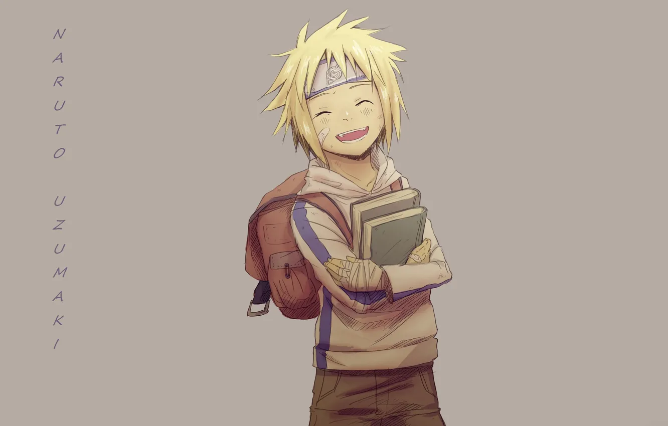 Фото обои улыбка, книги, серый фон, пластырь, бинты, ранец, Naruto Uzumaki, Naruto Shippuden