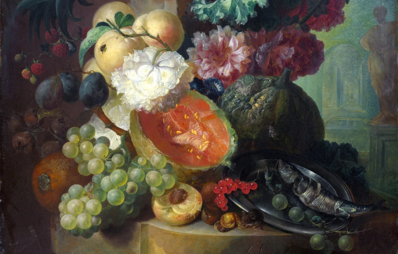 Фото обои ягоды, муха, рыба, мышь, натюрморт, персик, смородина, крыжовник