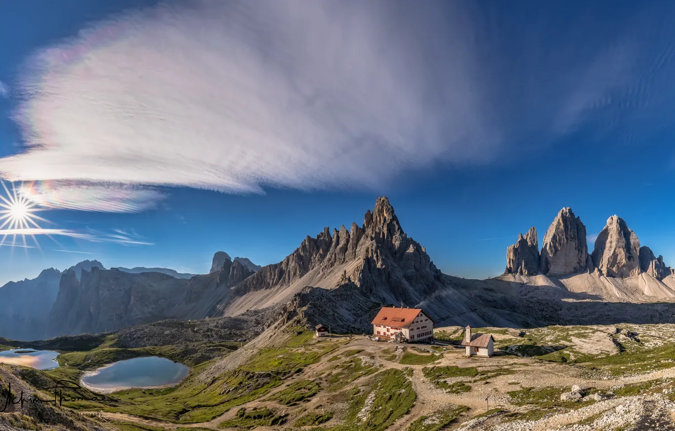 Фото обои небо, горы, дома, Италия, Italy, озёра, Доломитовые Альпы, Dolomites