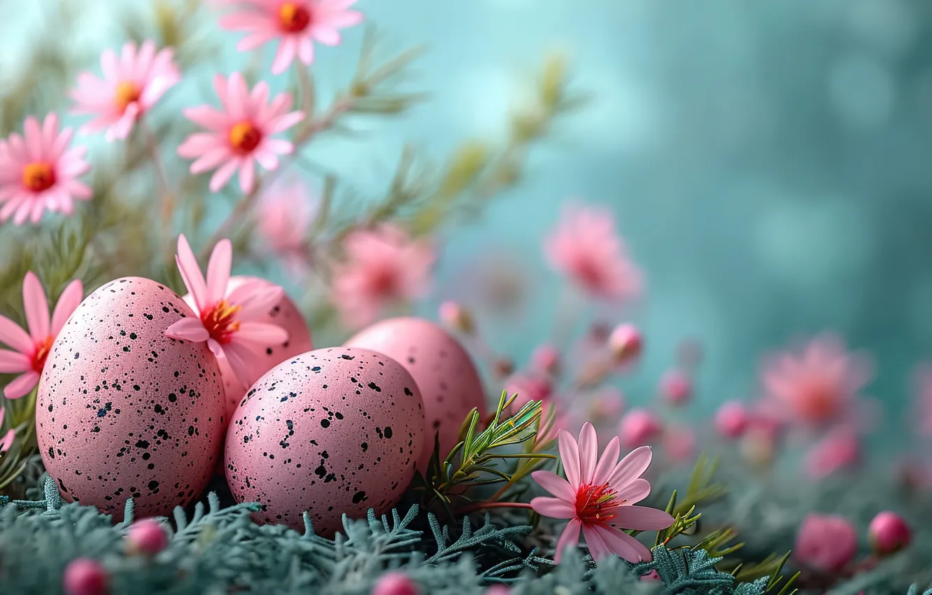 Фото обои цветы, яйца, весна, colorful, Пасха, happy, pink, flowers