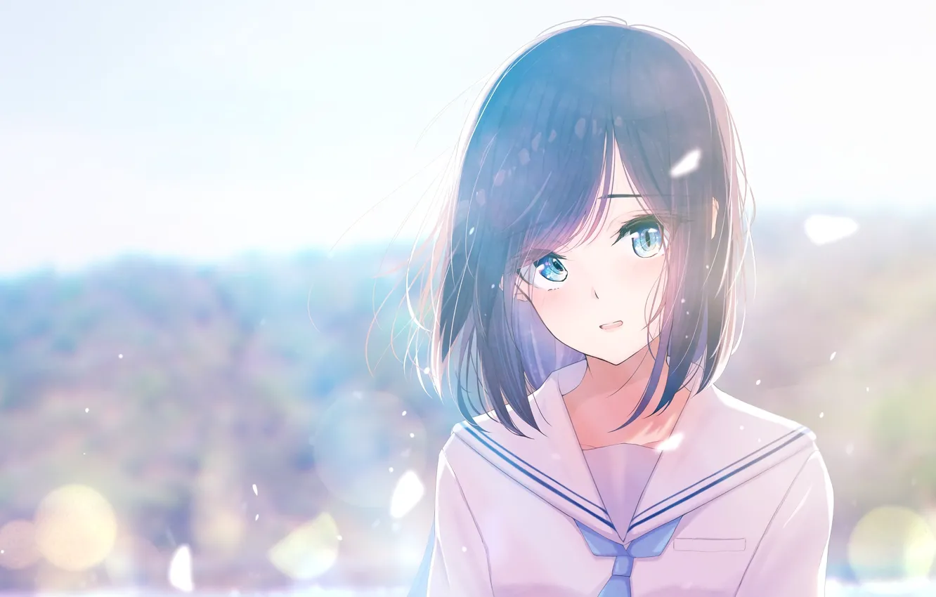 Фото обои аниме, униформа, anime, размытый фон, солнечный свет, sunlight, студентка, милая девушка