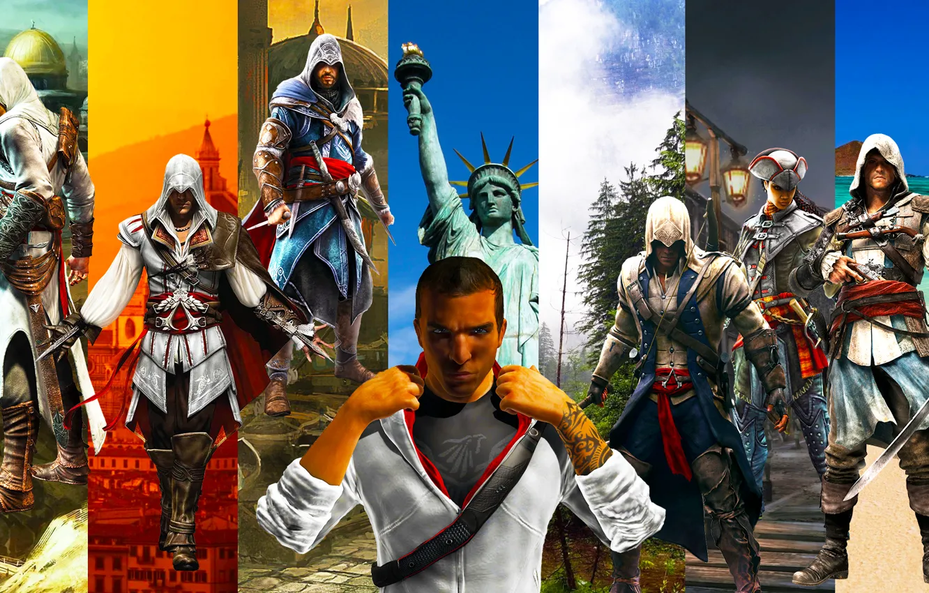Фото обои brotherhood, assassin's creed, assassin, revelations, ezio, desmond miles, connor, auditore