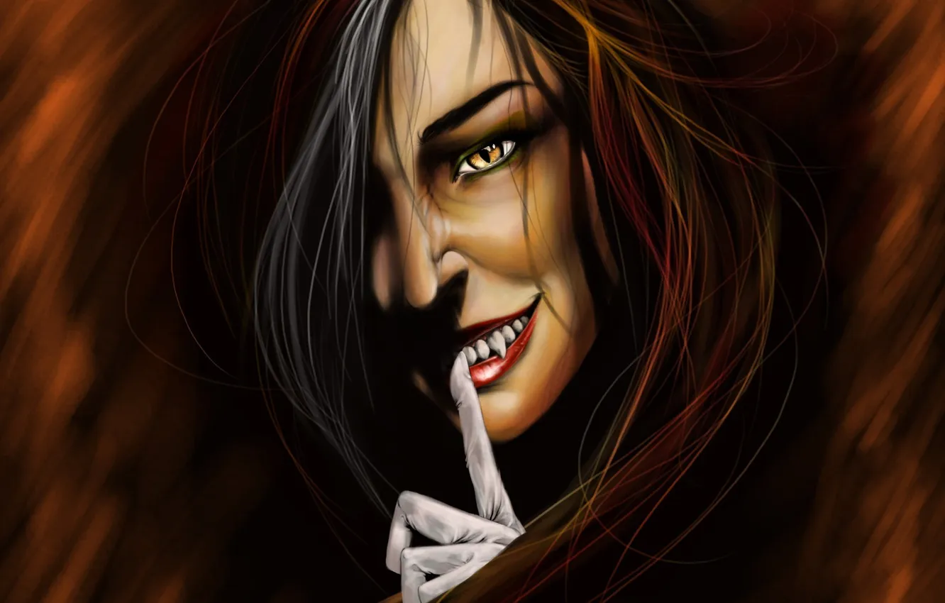 Фото обои глаза, девушка, лицо, рука, арт, палец, клыки, вампир