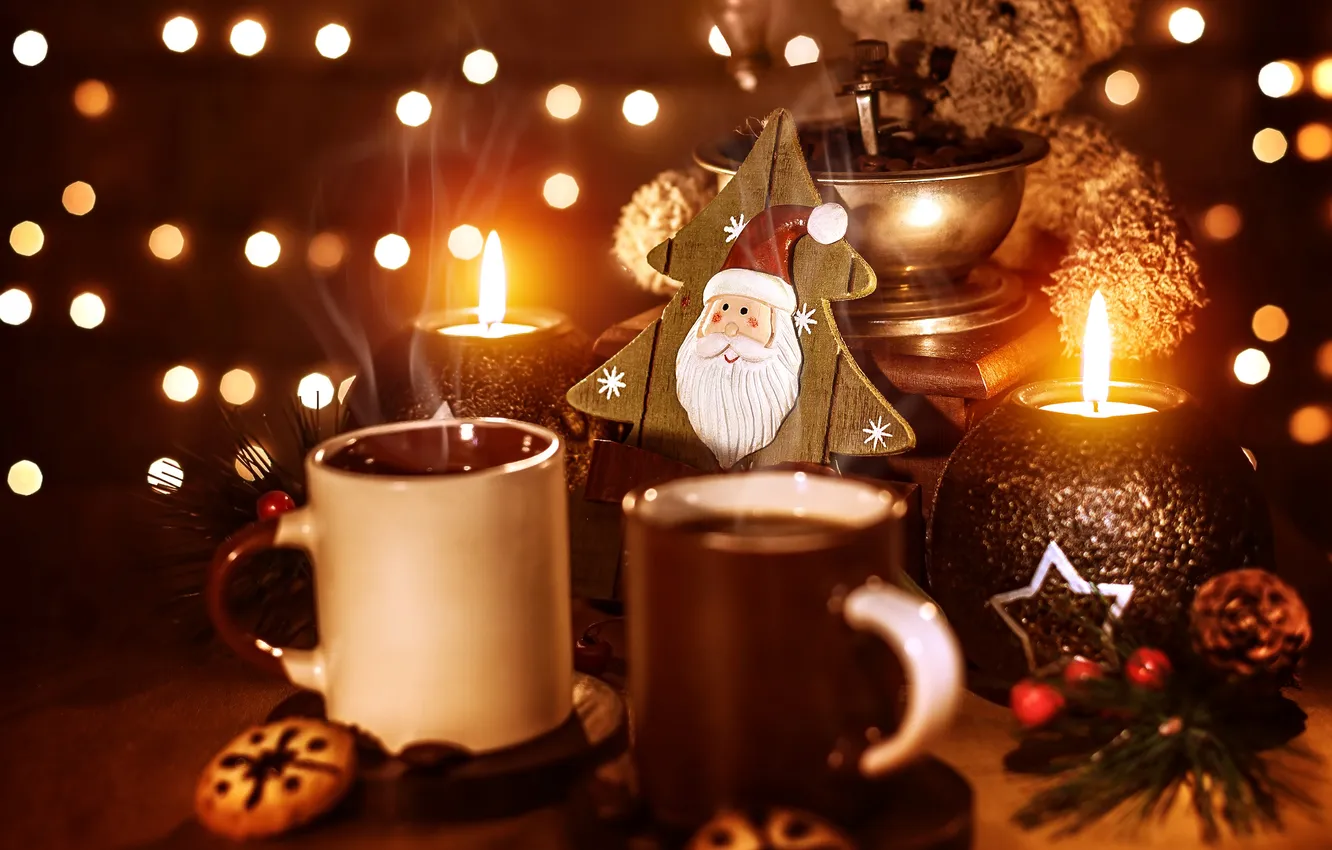 Фото обои зима, свет, игрушки, кофе, свеча, зерна, Новый Год, печенье