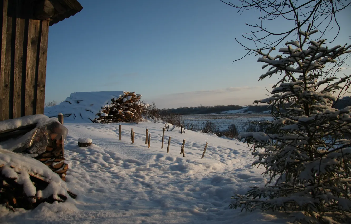 Фото обои зима, снег, пейзаж, следы, настроение, елка, сарай, день