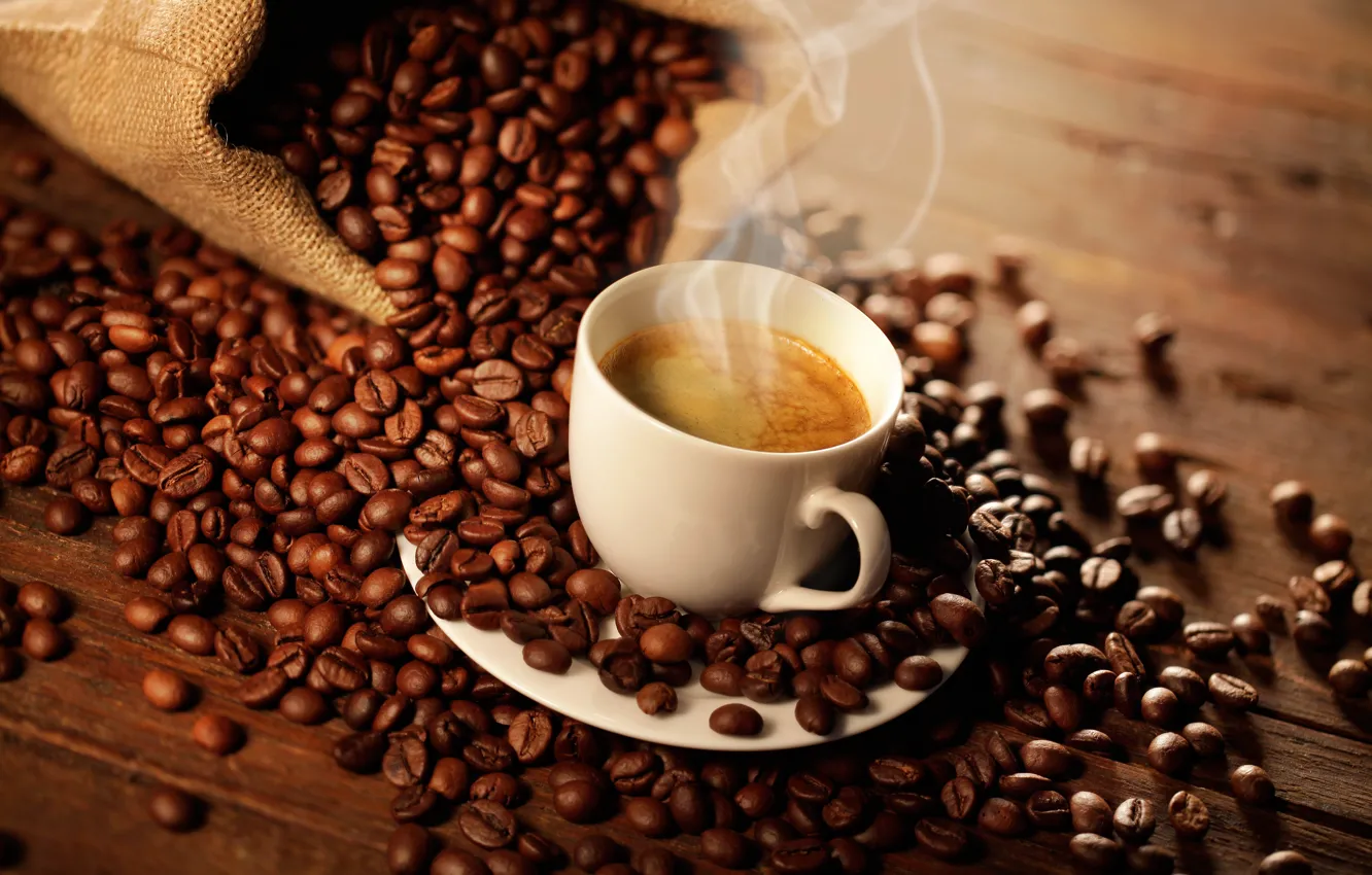 Фото обои кофе, мешок, кофейные зерна, пенка, coffee, bag, кофейный аромат, coffee beans