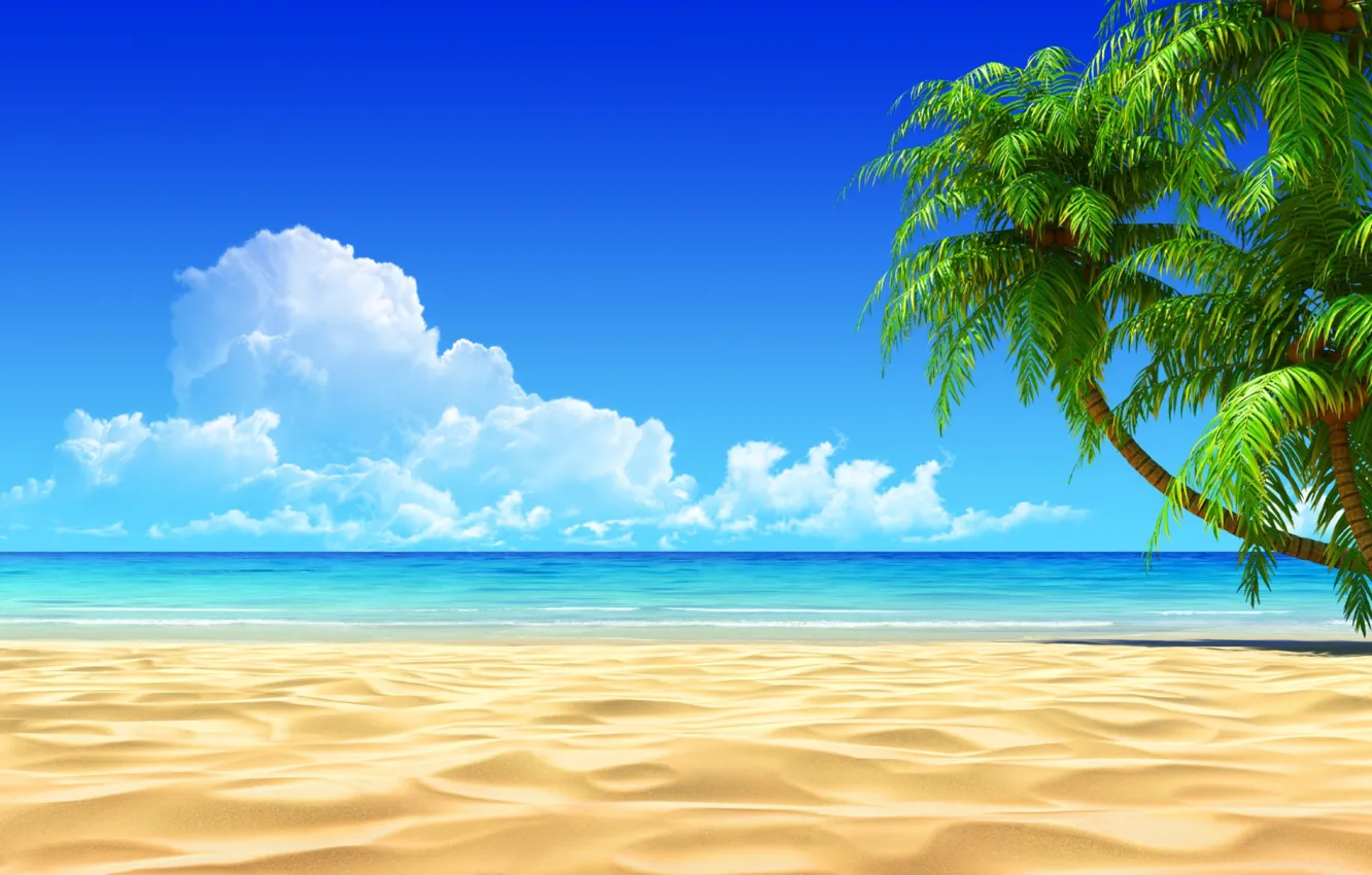 Фото обои песок, море, облака, пальмы
