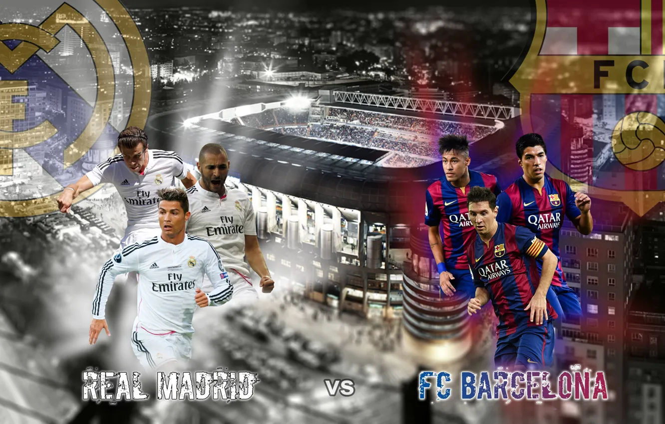 Фото обои wallpaper, sport, Cristiano Ronaldo, night, stadium, football, Lionel Messi, Spain
