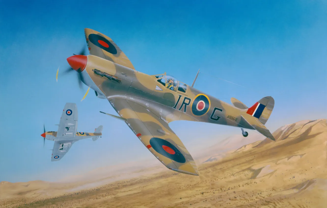 Фото обои war, art, airplane, painting, aviation, ww2, Spitfire Mk.VB Trop