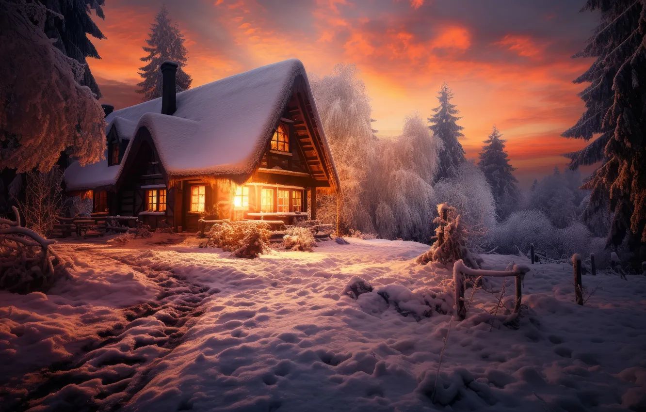 Фото обои зима, лес, снег, горы, ночь, природа, домик, house