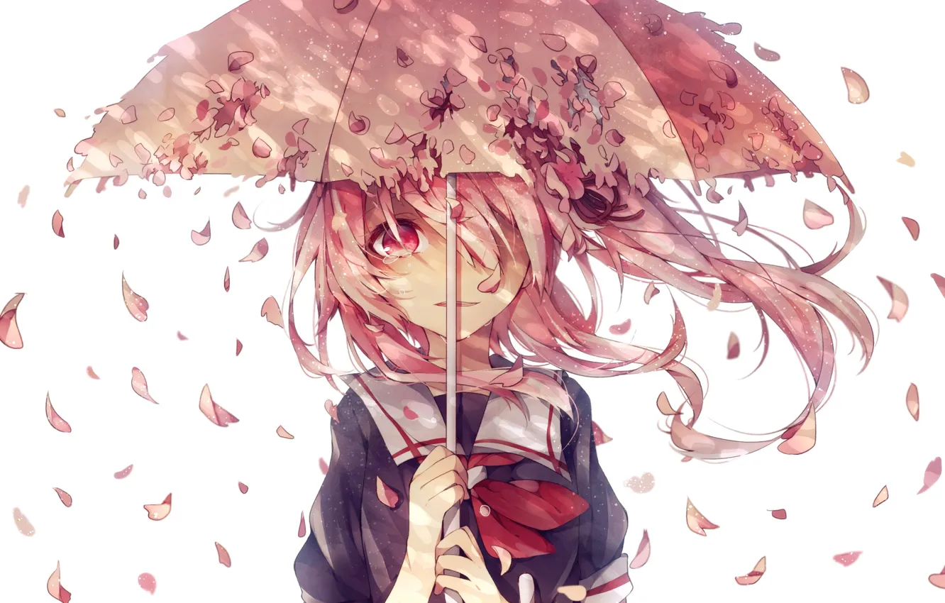 Фото обои девушка, зонт, аниме, лепестки, сакура, слезы, арт, форма