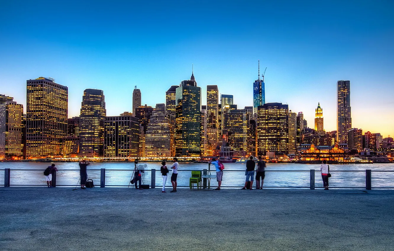 Фото обои город, здания, Нью-Йорк, небоскребы, вечер, USA, США, NYC