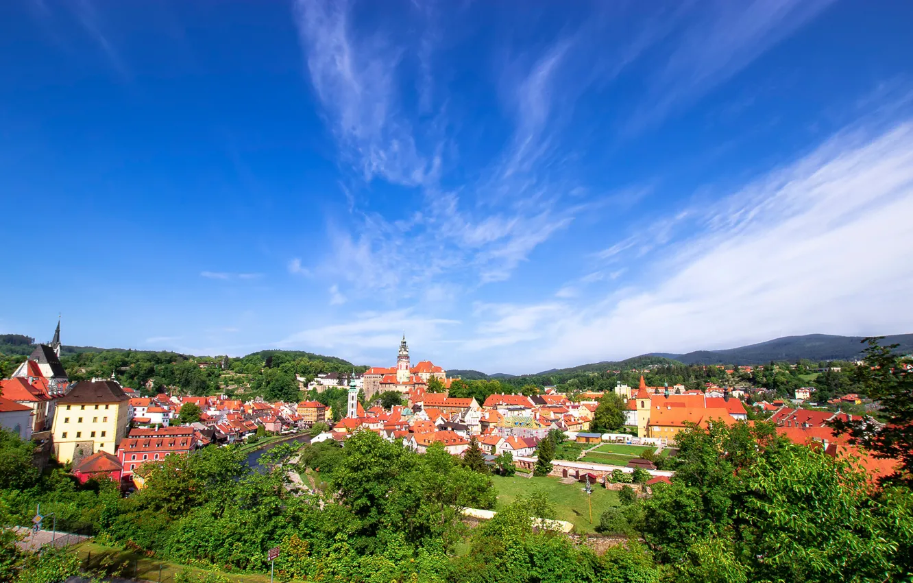 Фото обои небо, деревья, здания, дома, Чехия, панорама, Czech Republic, Český Krumlov