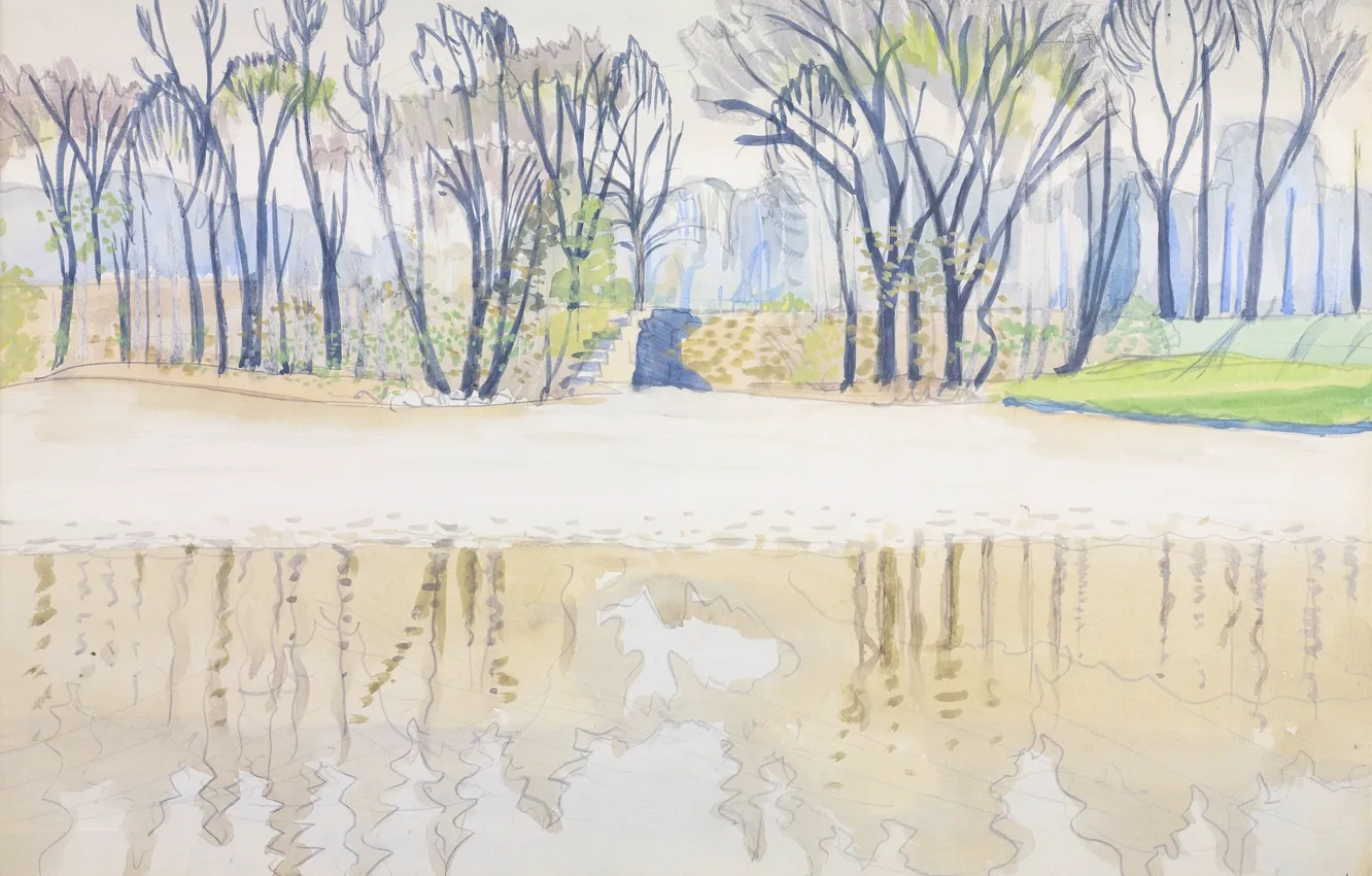 Фото обои Cleveland, 1916, Charles Ephraim Burchfield, Wade Park, Pond in Spring