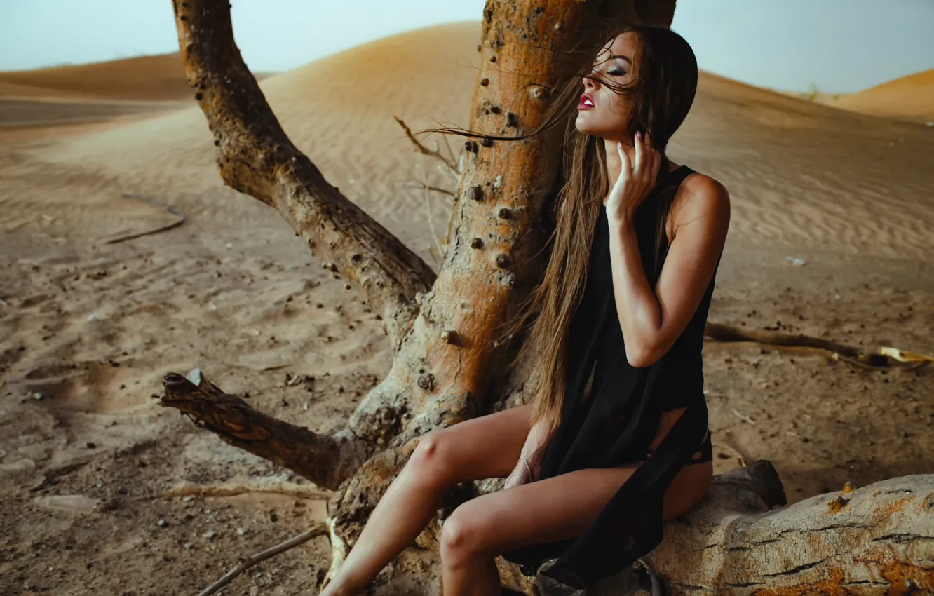 Фото обои девушка, дерево, пустыня, страсть, модель, Chromatropic
