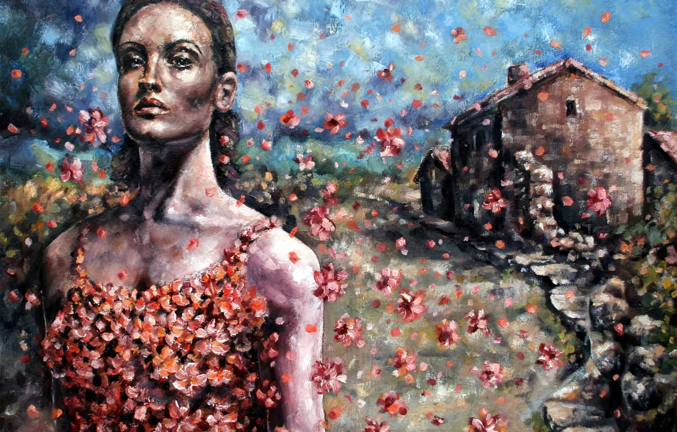 Фото обои дорога, девушка, цветы, реализм, лепестки роз, живопись маслом, картина painting, Parsadanov