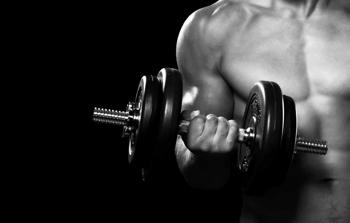 Фото обои man, fitness, gym, arms, dumbbell