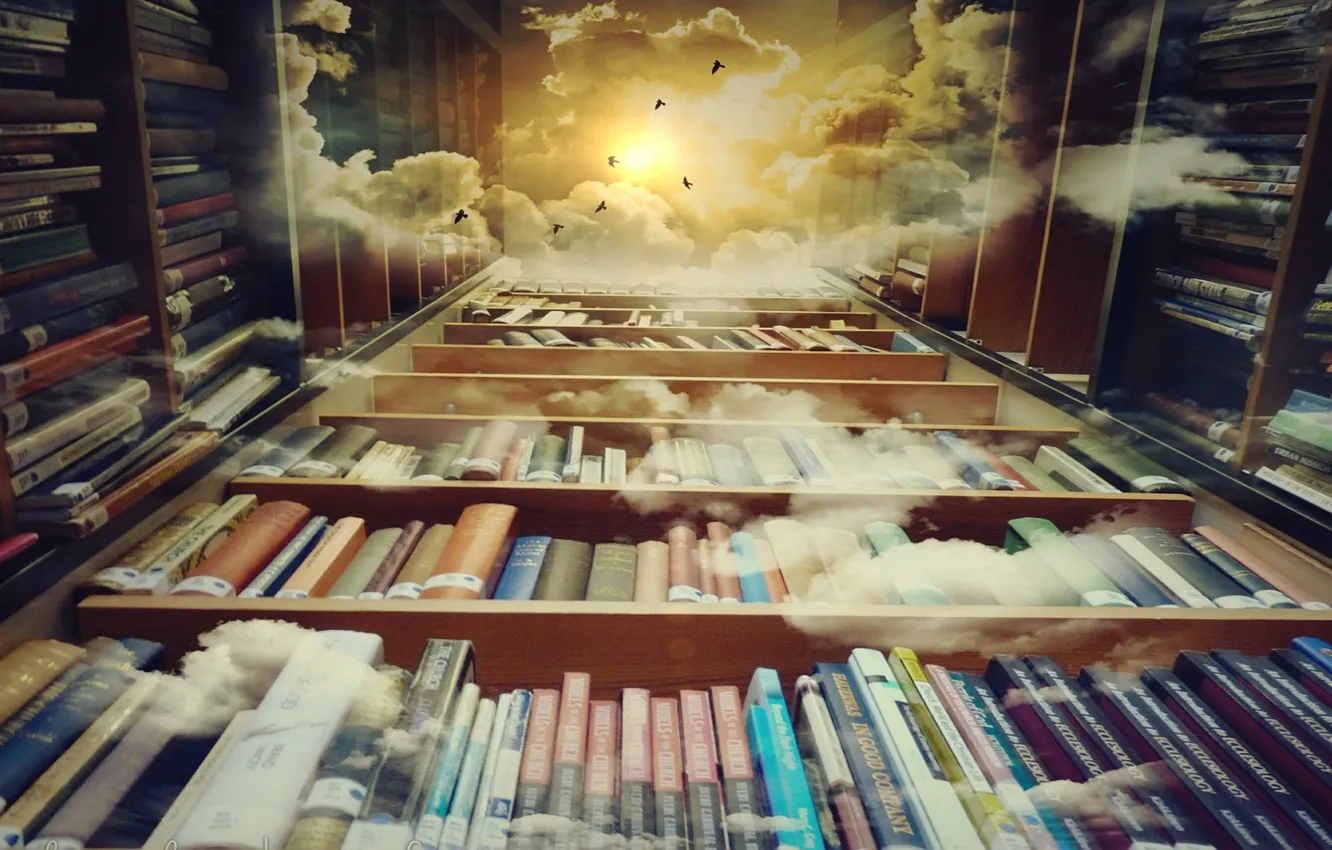 Фото обои clouds, birds, sun, story, dreams, reading, books, library