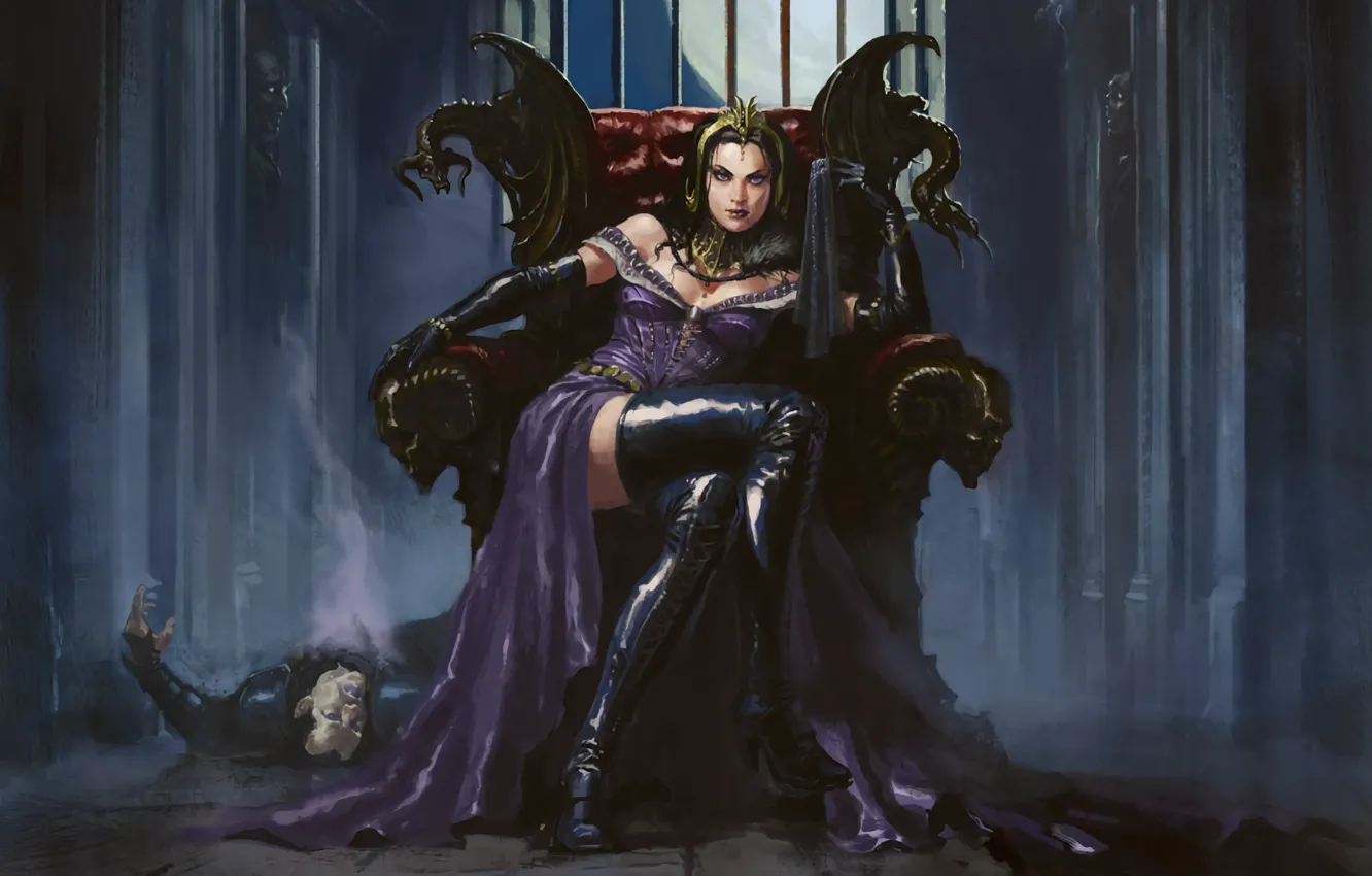 Фото обои девушка, маг, некромант, Liliana, Magic: The Gathering, сидит на троне