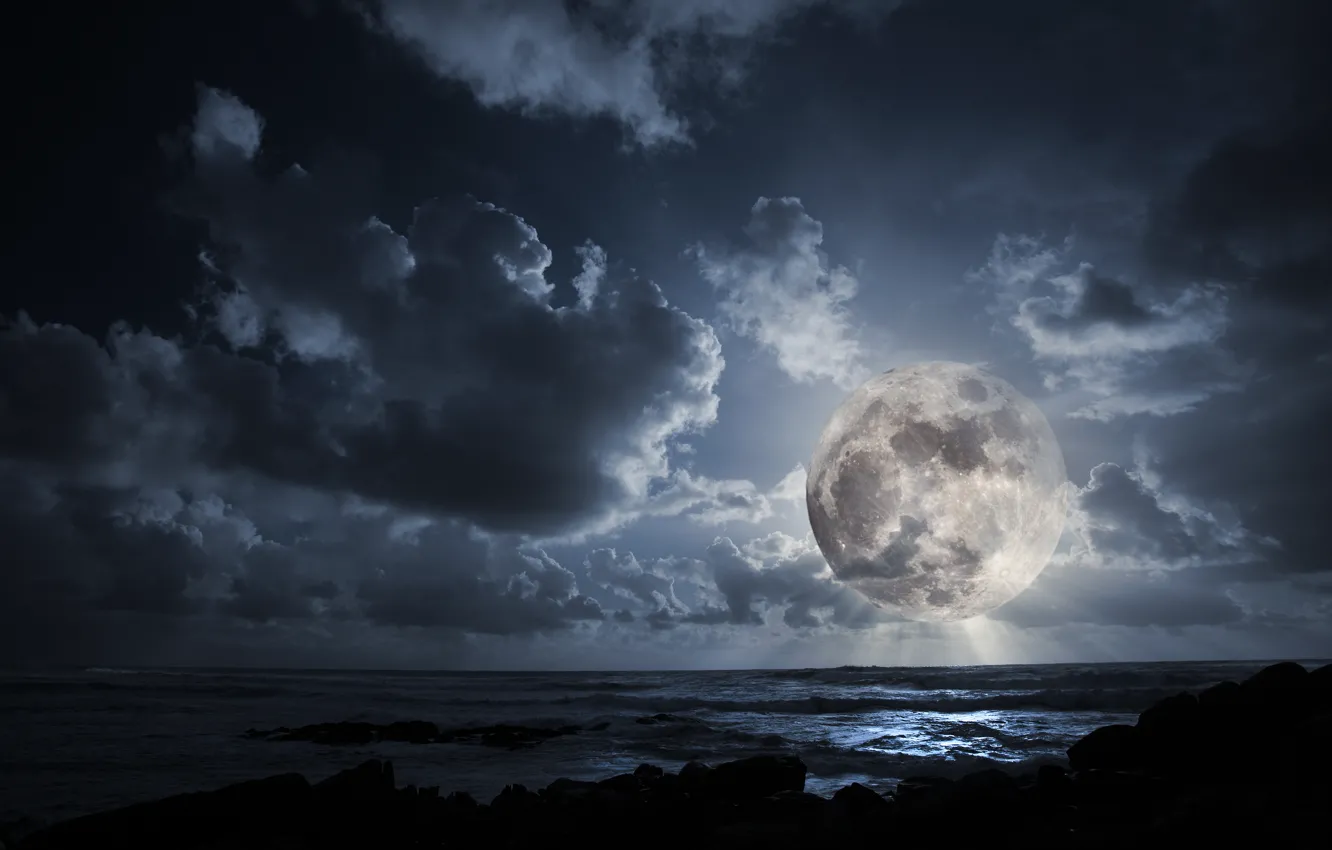 Фото обои облака, ночь, океан, луна, полнолуние