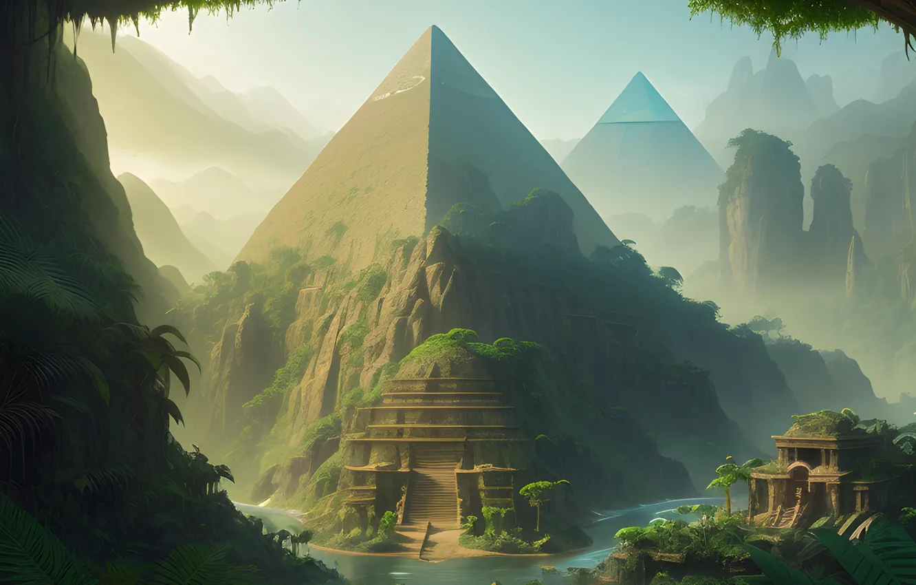 Фото обои лес, река, скалы, джунгли, пирамида