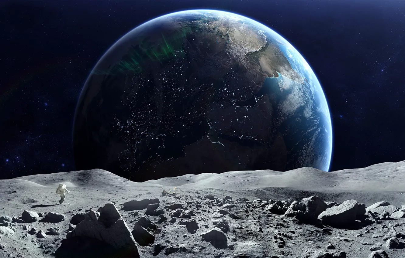 Фото обои космос, земля, луна, планета, астронавт