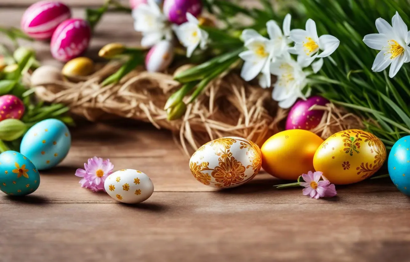Фото обои цветы, яйца, весна, colorful, Пасха, happy, flowers, spring