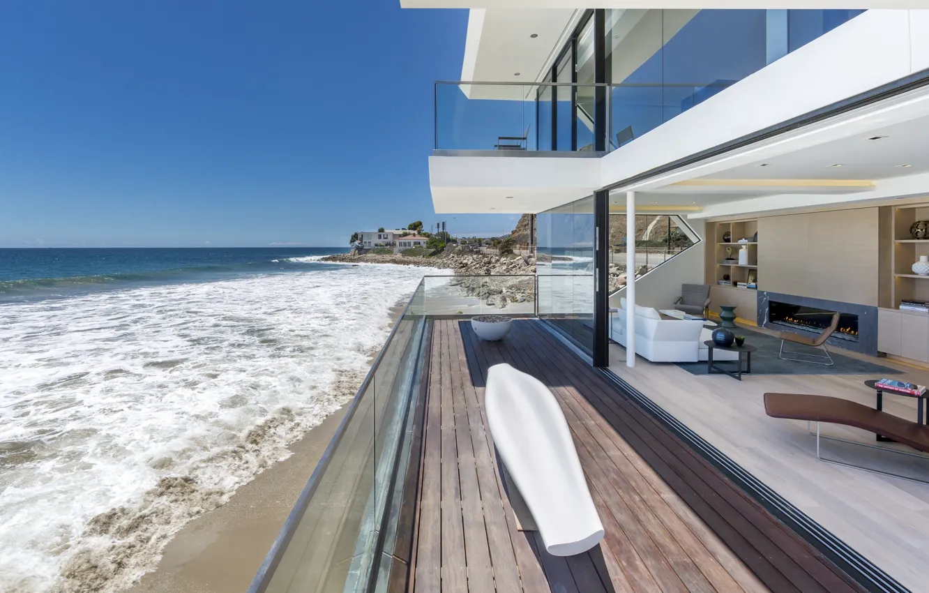 Фото обои вилла, интерьер, Калифорния, камин, терраса, гостиная, на берегу океана, Malibu Residence