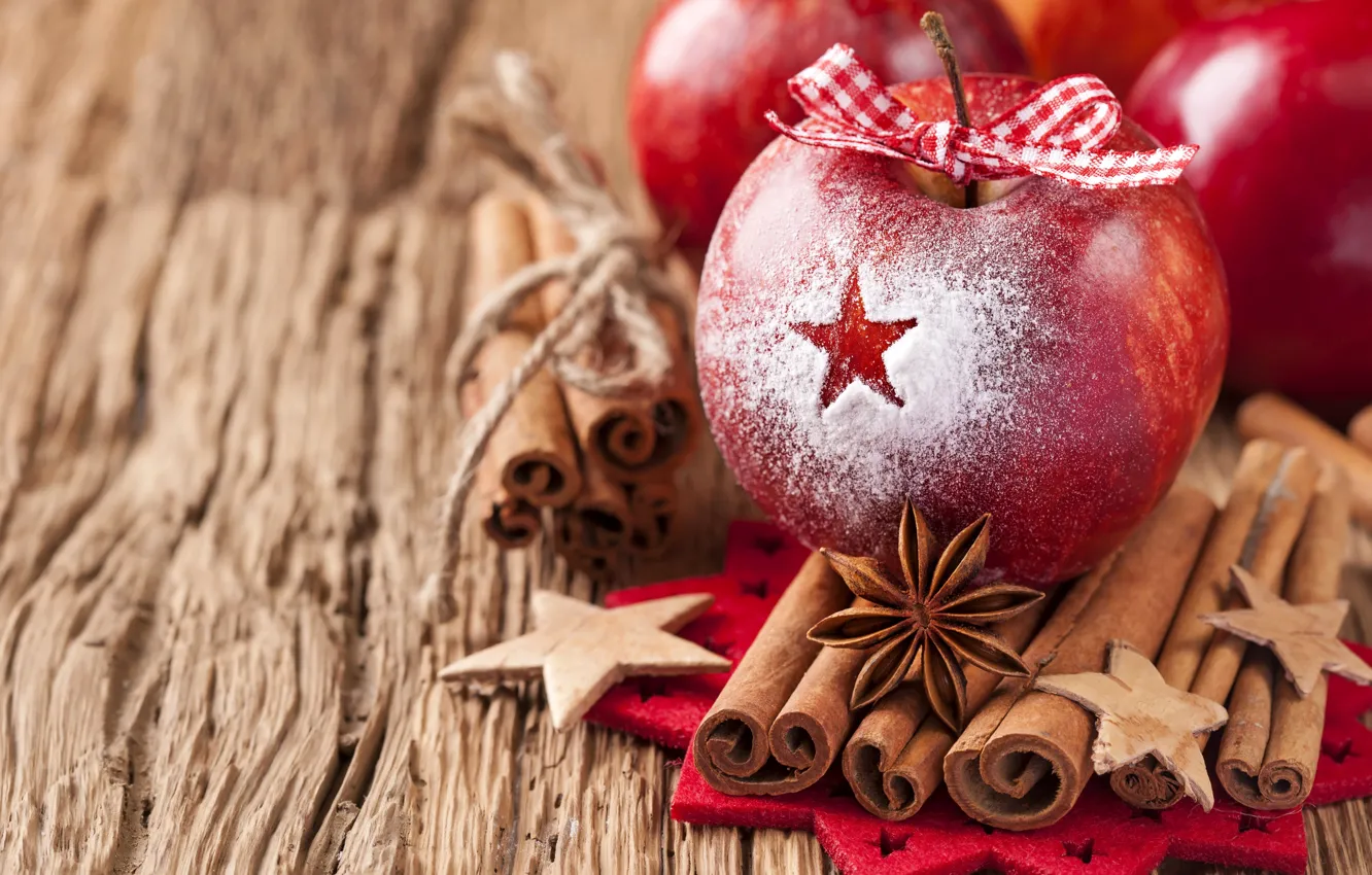 Фото обои зима, яблоки, палочки, красные, корица, бант, ленточка, праздники