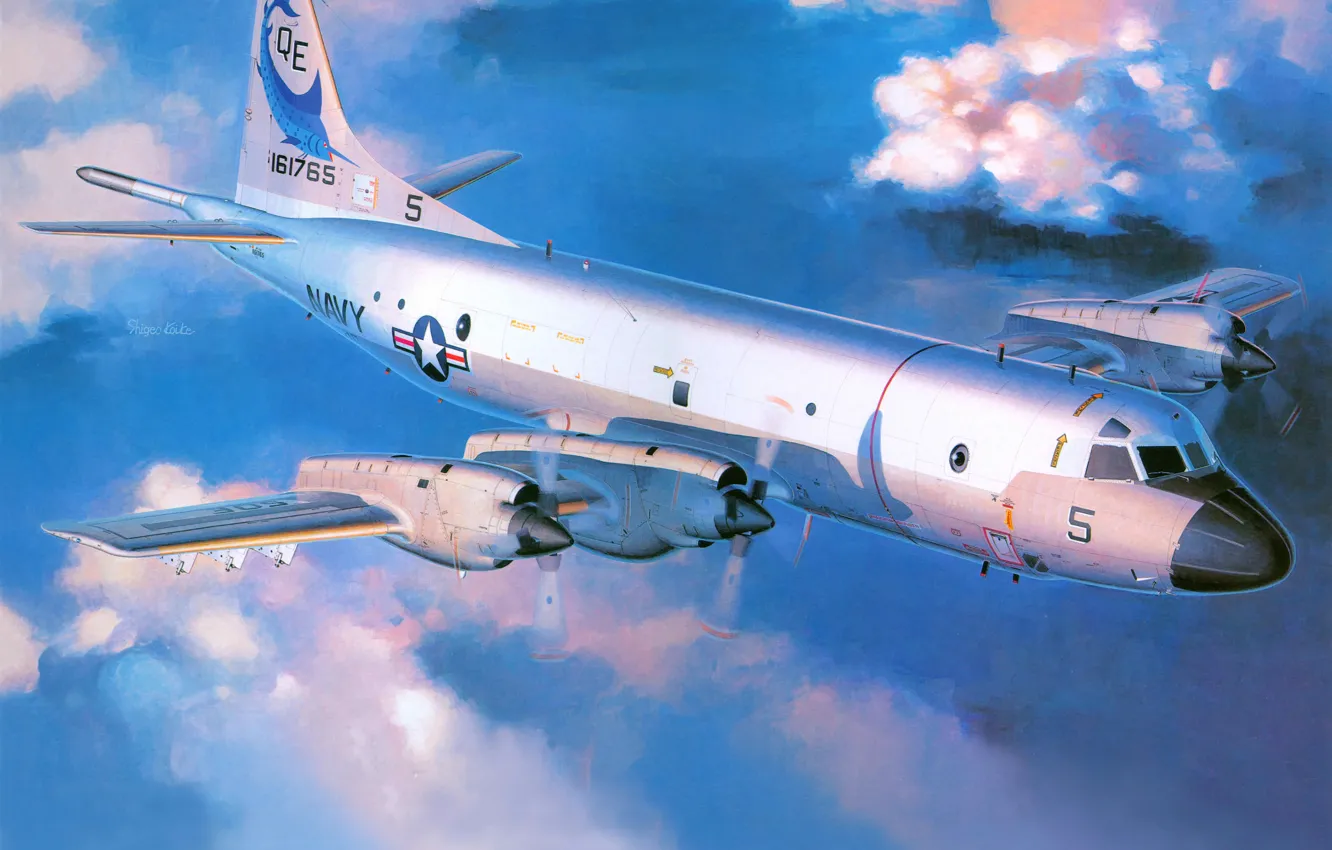 Фото обои небо, облака, рисунок, арт, самолёт, Lockheed, Орион, Orion