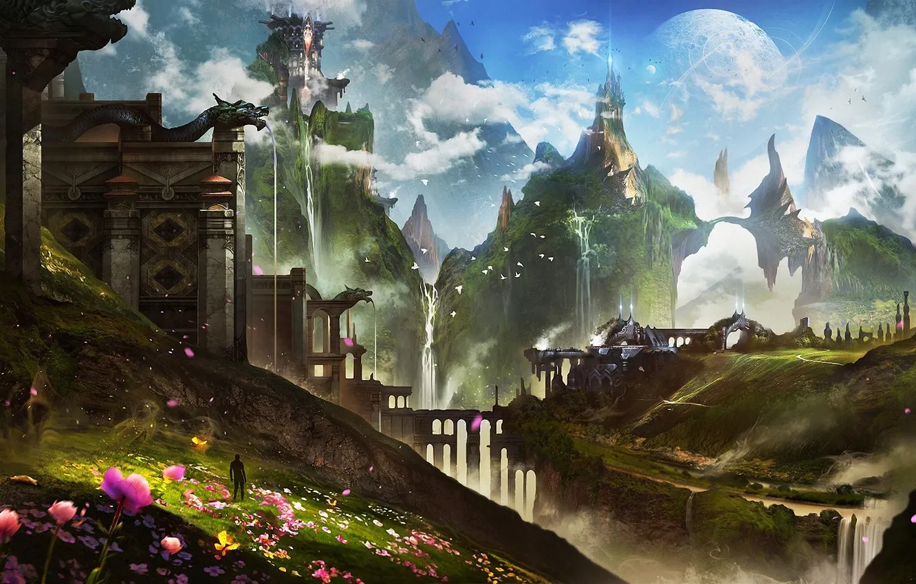 Фото обои цветы, горы, холмы, человек, планета, драконы, весна, арт