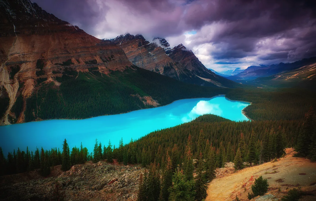 Фото обои лес, небо, облака, горы, тучи, озеро, Канада, леса