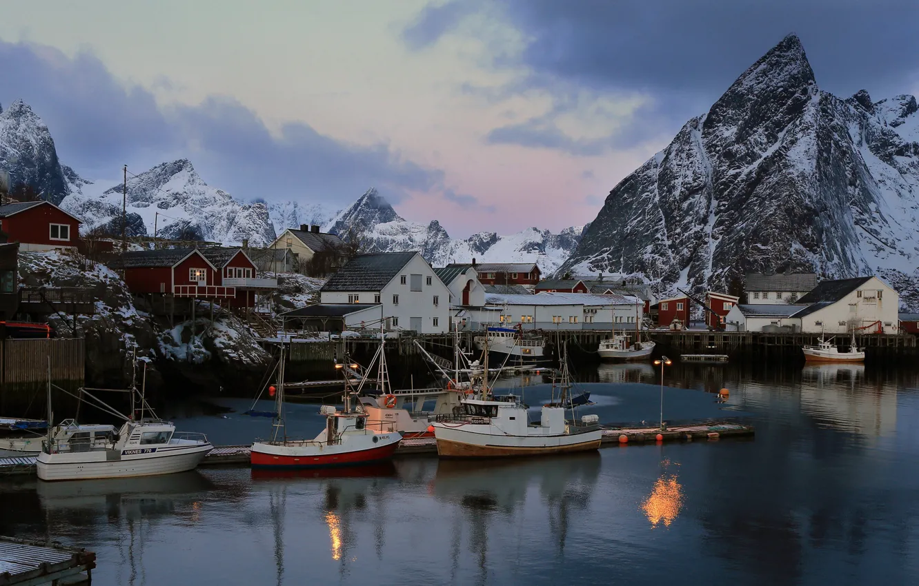 Фото обои вода, горы, город, дома, норвегия