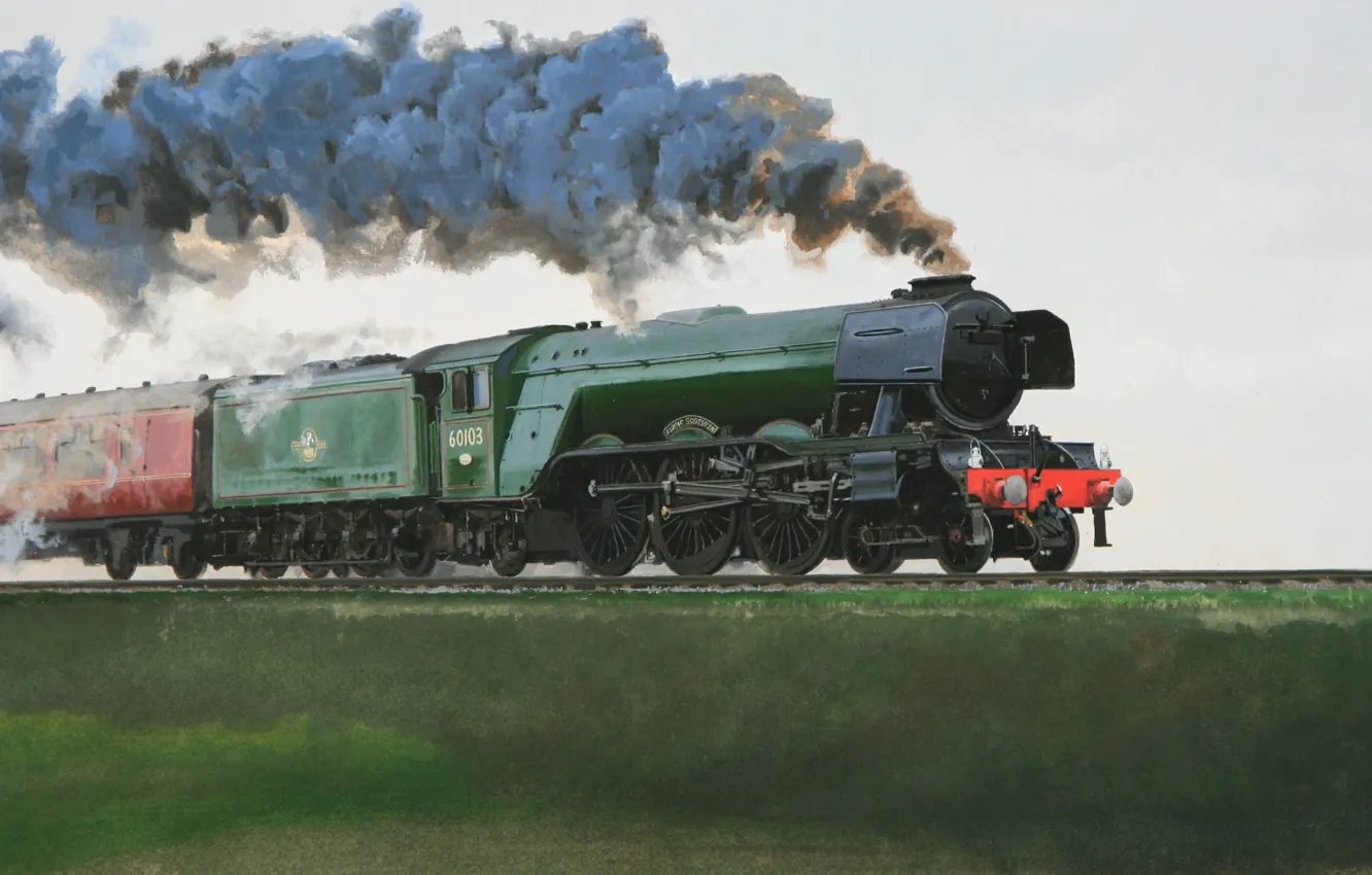 Фото обои дым, поезд, паровоз, вагоны