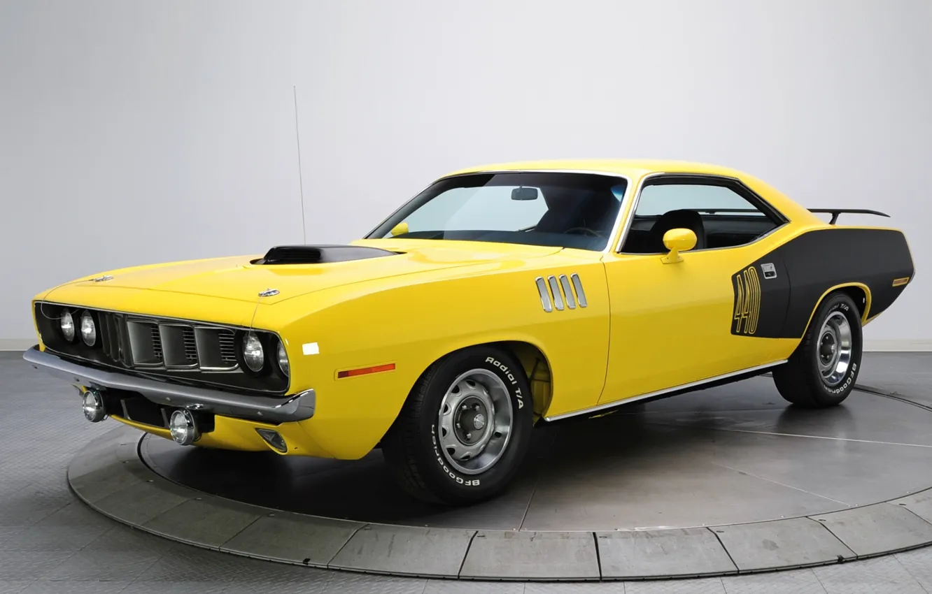 Фото обои желтый, фон, 1971, Plymouth, передок, Muscle car, Cuda, Мускул кар