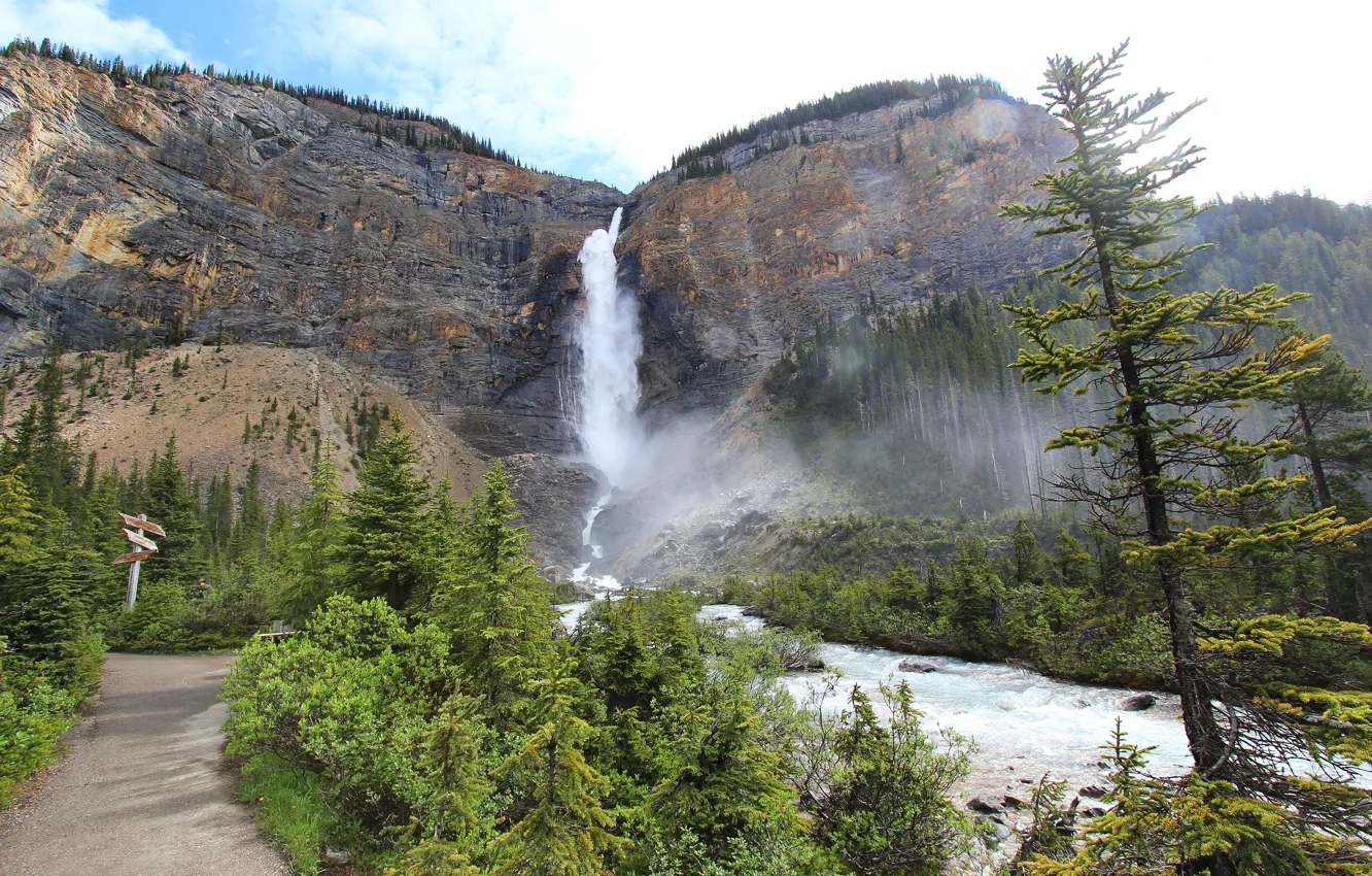 Фото обои небо, деревья, горы, река, водопад, Канада, Canada, Takkakaw Falls
