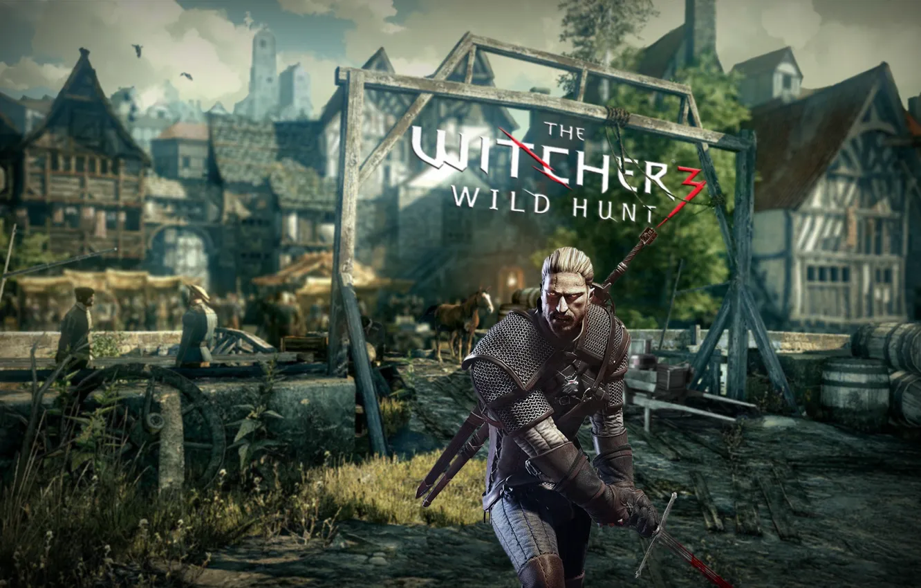 Фото обои Дома, Трава, Меч, Геральт, the witcher 3 wild hunt, Ведьмак 3 дикая охота