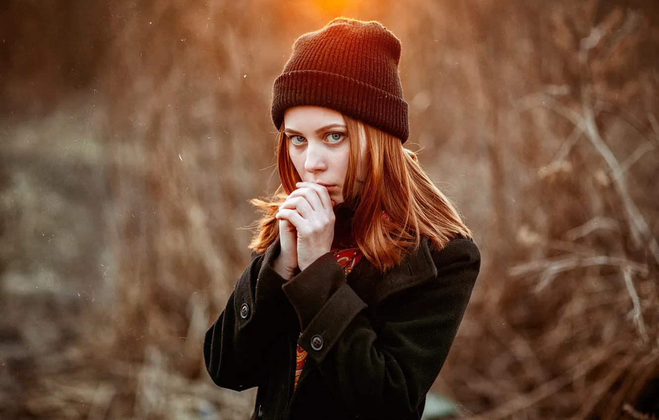 Фото обои осень, шапка, губки, рыжеволосая, Игорь Куприянов, фотофильтр, Влада Воробьева