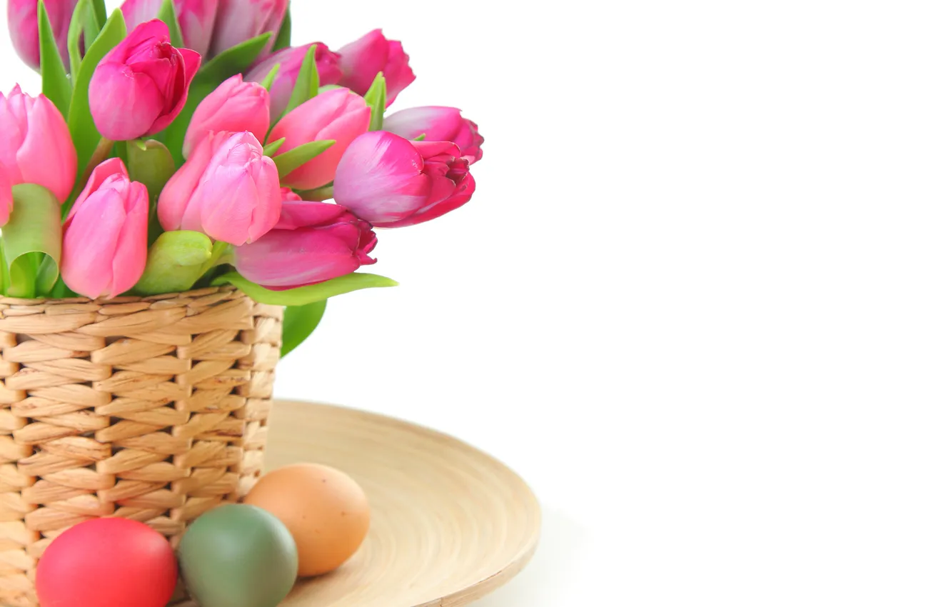 Фото обои цветы, яйца, весна, пасха, тюльпаны