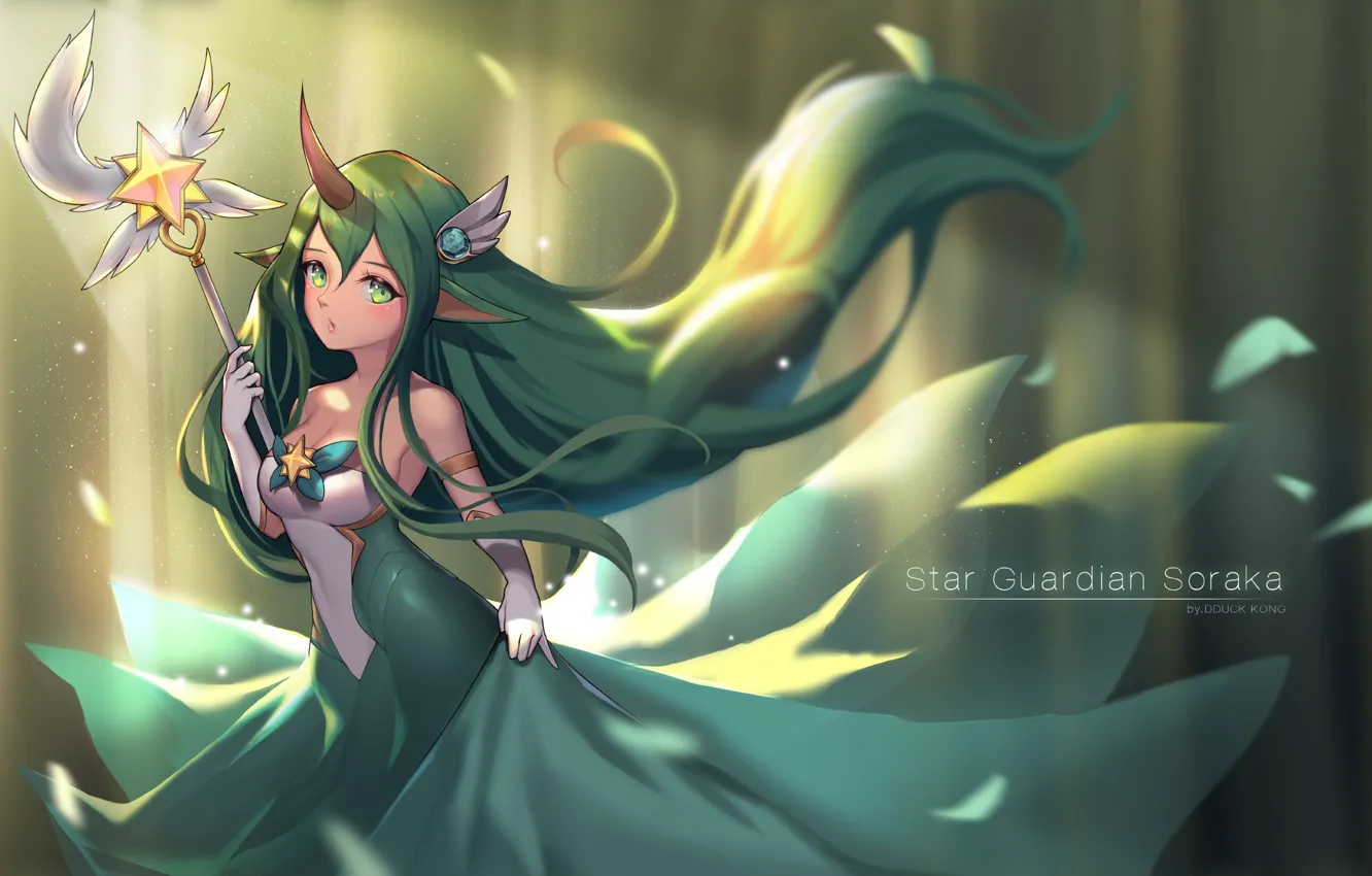 Фото обои green, girl, star, dress, Soraka, powerful, strong, seifuku