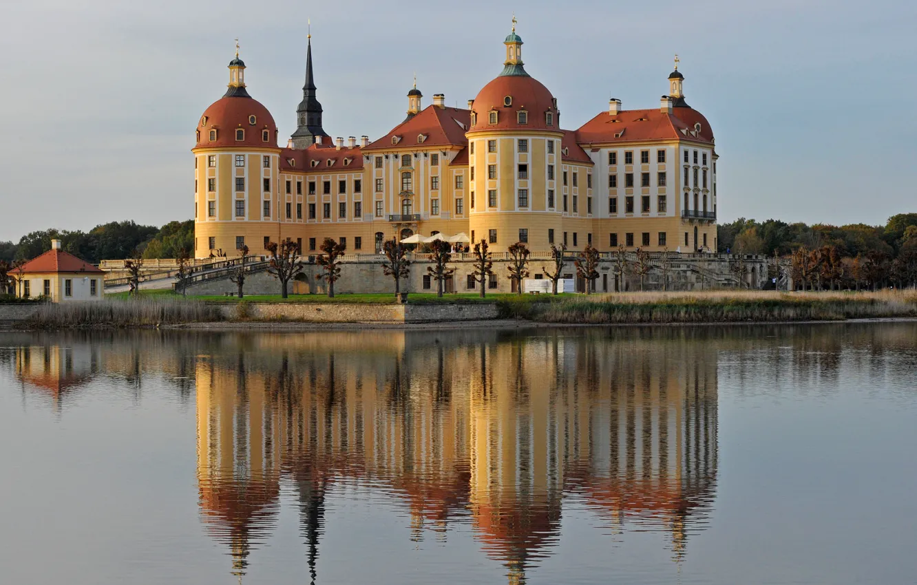 Фото обои пруд, замок, Германия, Саксония, Морицбург