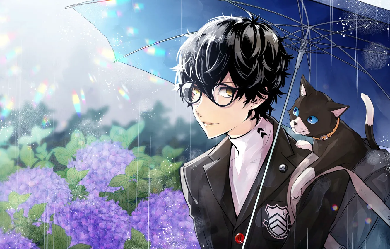 Фото обои цветы, дождь, игра, зонт, аниме, арт, парень, гортензия