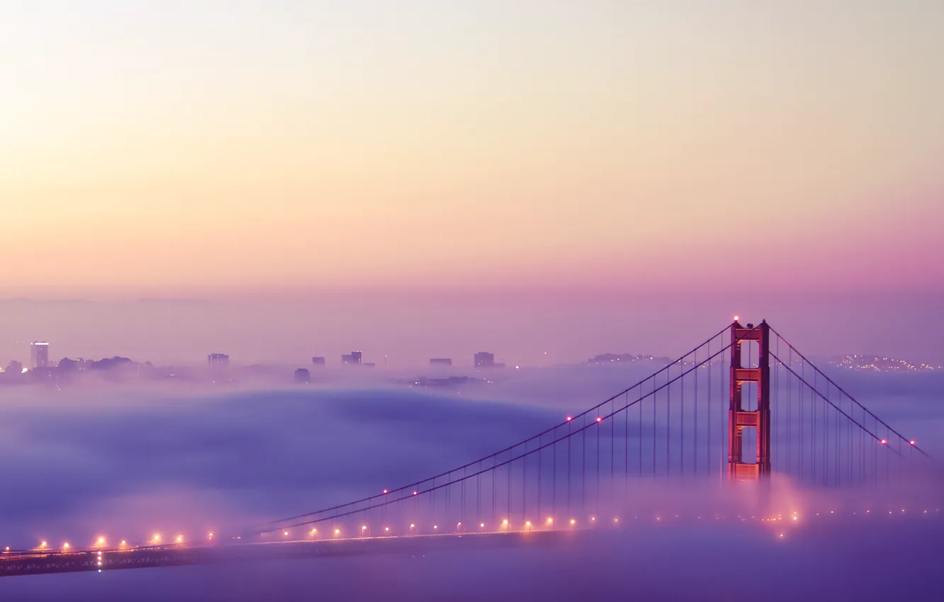 Фото обои огни, туман, san francisco, сан франциско, golden gate bridge