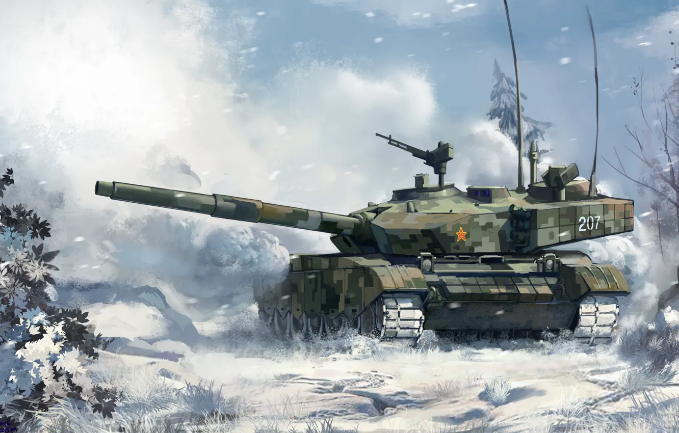 Фото обои зима, лес, снег, рисунок, арт, танк, боевой, китайский