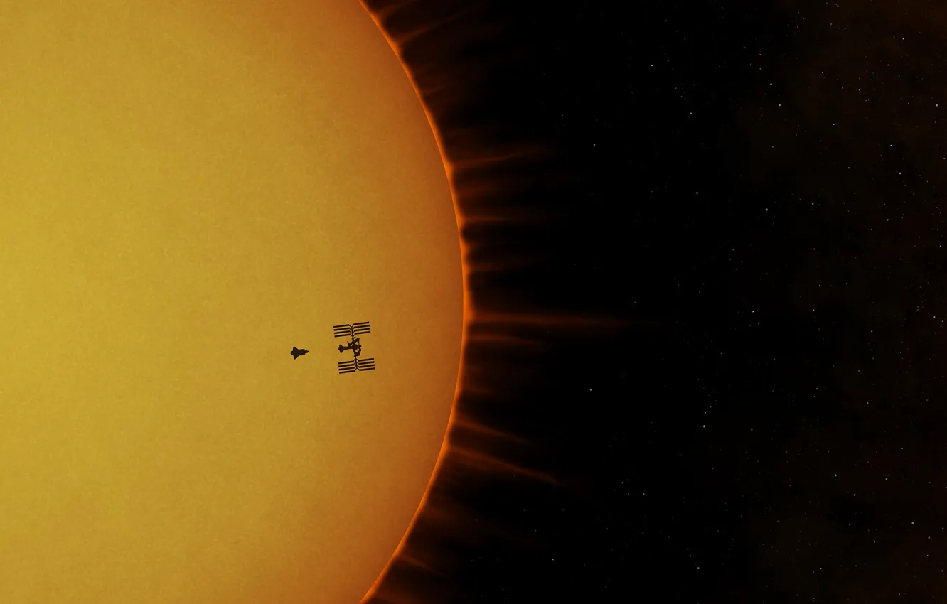 Фото обои солнце, Atlantis, космическая станция, ISS