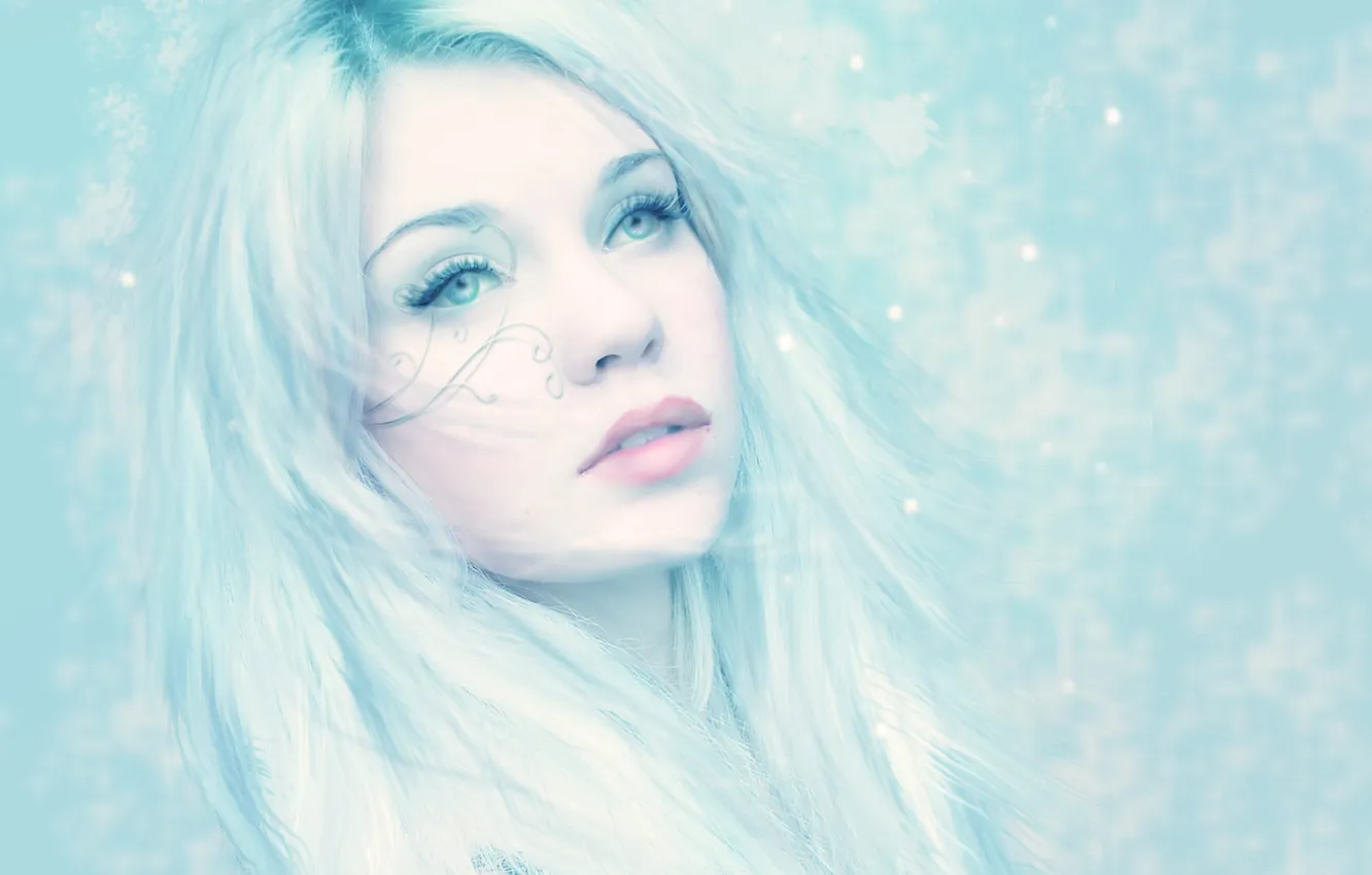 Фото обои холод, глаза, взгляд, девушка, снег, лицо, узор, волосы