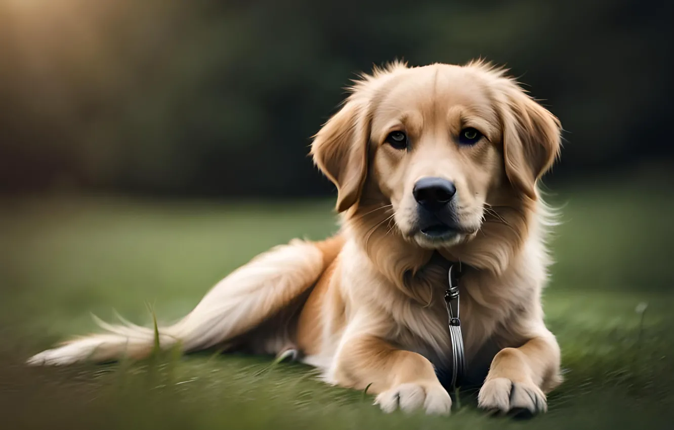 Фото обои взгляд, морда, собака, лежит, ретривер, цифровое искусство, ИИ-арт, Искусство искусственного интеллекта