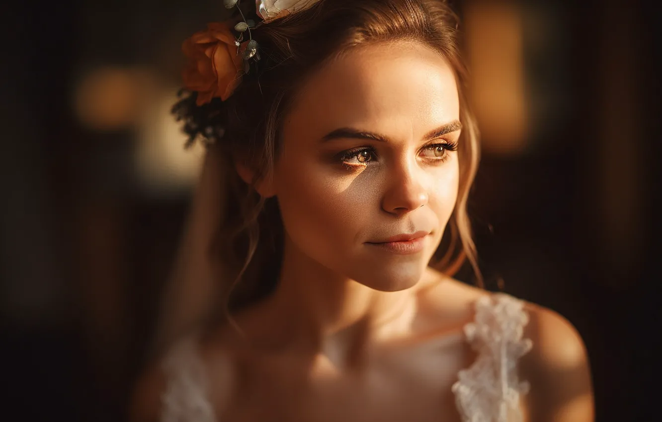 Фото обои взгляд, девушка, свет, портрет, невеста, венок, фата, цифровое искусство
